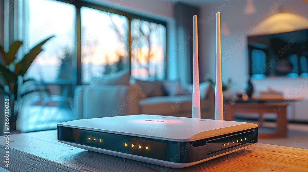 Poster Home network with router, Modern wi-fi router on light table in room. Generative AI.