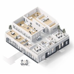 3D Render of a minimalist isometric vector illustration representing the layout of an office with departmental divisions, including production, logistics, and procurement, Generative AI - obrazy, fototapety, plakaty