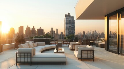 An elegant, minimalist rooftop apartment terrace with clean lines and modern furnishings, set against a high-rise city skyline. The atmosphere is calm and refined. Generative AI.