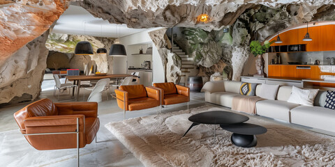 Modern Living Room in Cave  - obrazy, fototapety, plakaty