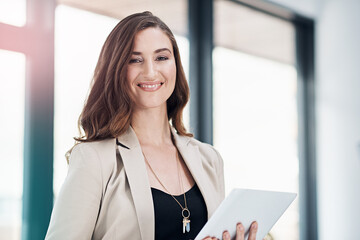 Woman, office and tablet in portrait with smile in confidence for analyst job with tech. Female person, workplace and notepad in company with analytics for business with pride, digital and career