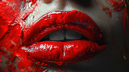 Red Liquid Color Paint Brush Strokes On Beautiful Women Red Lips Background Blur