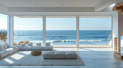Fototapeta premium Minimalist and clean interior decoration rendering, sea view room. Generative AI.