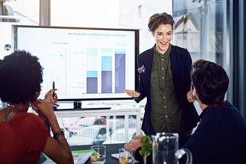 Business people, saleswoman or monitor for coaching, graphs or training data in meeting. Education, financial presentation or speaker teaching audience on charts stats on screen in workshop or speech