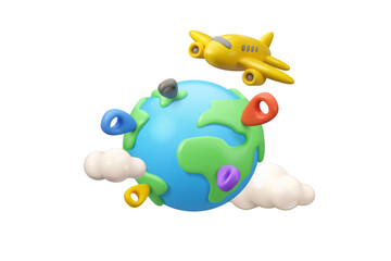Travel on airplane around the Earth icon. International tourism vector 3d illustration. Globe with clouds and pin locators, yellow plane flying. Express delivery concept
