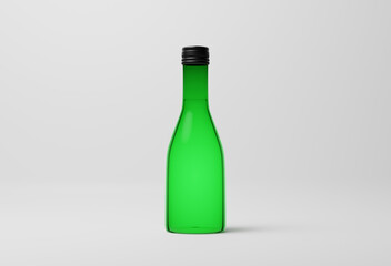 ラベルのない緑色の日本酒の瓶のモックアップ（白背景・3Dレンダリング）