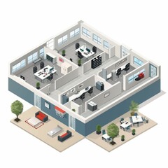 3D Render of an isometric vector illustration showcasing the layout of an office floor plan with separate departments like customer service, product management, Generative AI