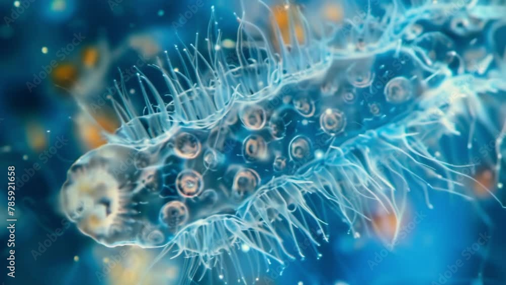 Poster a closeup view of a singlecelled protozoan its translucent body adorned with tiny hairlike structure