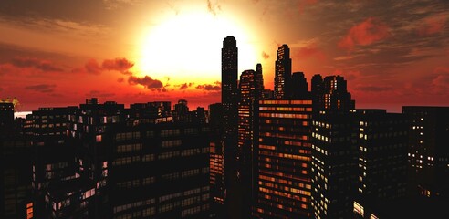 Beautiful evening city with skyscrapers at sunset, 3D rendering - 785922006