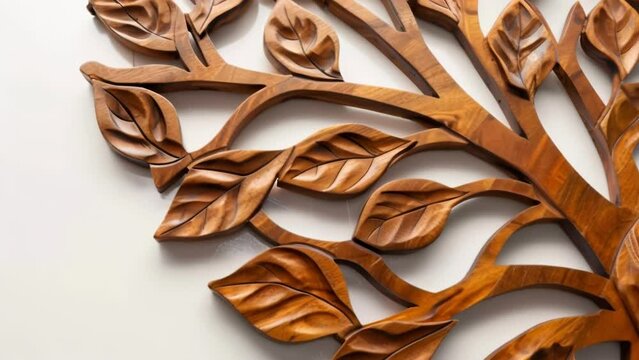 The final image showcases a large wooden wall hanging in the shape of a tree with delicate leaves and branches carved out of the wood. The rich natural tones of the wood add warmth .