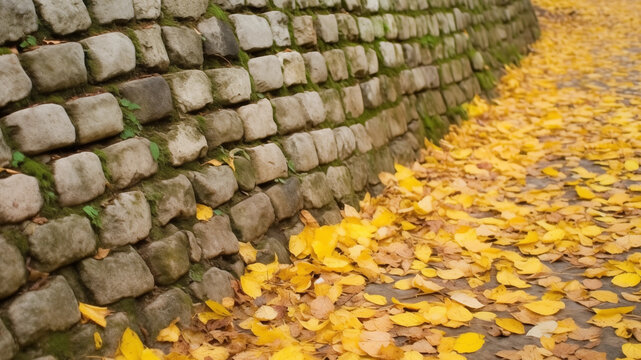 A mossy cobblestone wall at a slight angle to a autumn leaf-covered walkway; background image