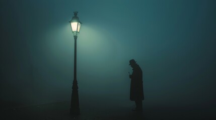 Mysterious Figure in Trench Coat by Vintage Lamppost. - obrazy, fototapety, plakaty