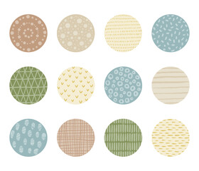 Hand drawn abstract patterns and textures in circle shape. Modern and trendy muted pastel colors. Suitable for social media highlight cover, sticker, icon, etc.