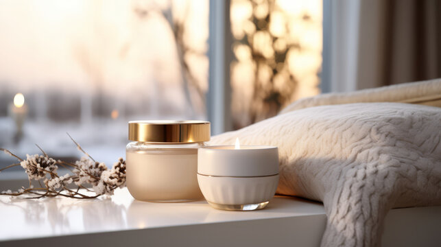 Luxurious 3D image of collagen boosting supplements, blurred cozy winter indoor setting,