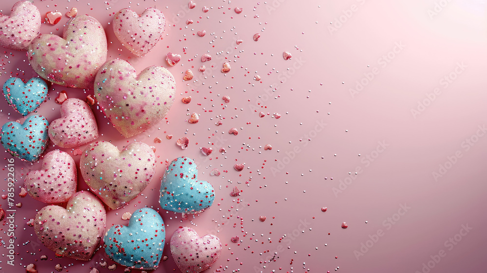 Poster a lot of color pastel hearts in corner, wide space light pink background for text. generative ai.