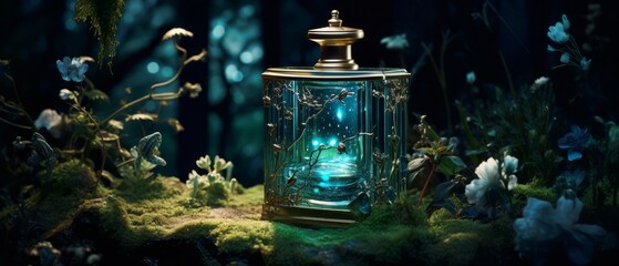 Naklejka premium Modern perfume bottle in a mystical, blurred moon garden at midnight, evoking mystery,
