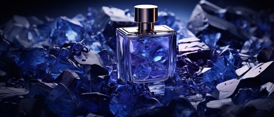 Modern perfume design on a flat background of luxurious crushed sapphire gemstones, - obrazy, fototapety, plakaty