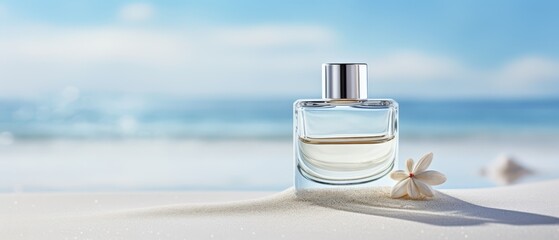 Obraz premium Modern perfume bottle on a flat, clean white sand background,