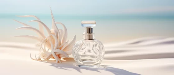 Poster Modern perfume bottle on a flat, clean white sand background, © Anuwat