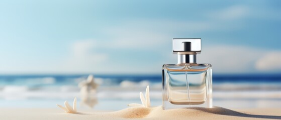 Modern perfume bottle on a flat, clean white sand background, - obrazy, fototapety, plakaty