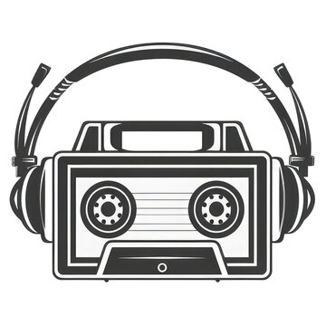 recommend clip art: cassette with headphone, graphic design, minimalist stroke lines, black and white, abstract