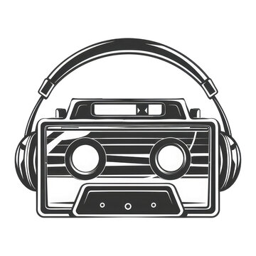 recommend clip art: cassette with headphone, graphic design, minimalist stroke lines, black and white, abstract