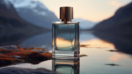 High-end perfume in a surreal, blurred Northern European fjord at twilight,