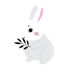 Cute white rabbit in various poses. Rabbit animal icon isolated on background. For Moon Festival, Chinese Lunar Year of the Rabbit, Easter decor. White Easter bunny, hare. Wild animals, baby animals
