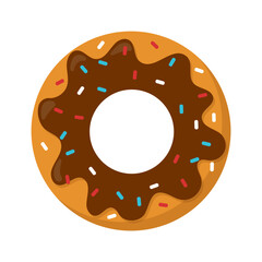 Sweet dessert donut with chocolate frosting and rainbow sprinkles cartoon vector isolated illustration