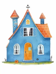 Fotobehang A whimsical and quirky blue house is portrayed in the charming style of children's book illustrations.  © Sweet.Duck