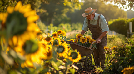 A peaceful elderly gardener meticulously caring for a patch of sunflowers in a tranquil garden, sunlight filtering through the dense foliage of ancient oak trees.