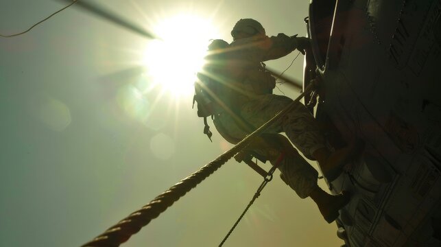 A Marine climbing a rope to board a helicopter, amidst the glare of the sun