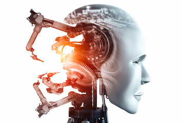 XAI Mechanized industry robot and robotic arms double exposure image. Concept of artificial...