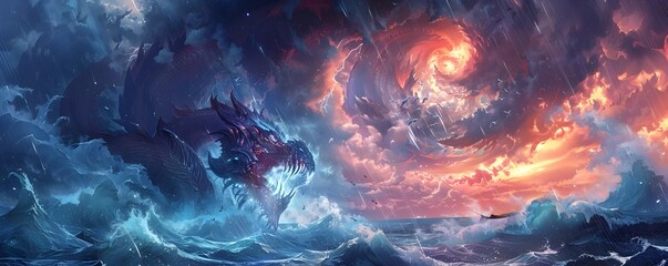 Colossal Mythical Creatures Battling Amid Apocalyptic Oceanic Tempest Under Stormy Skies - obrazy, fototapety, plakaty