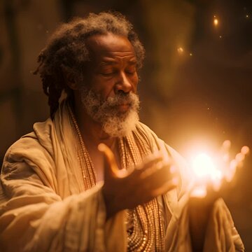 An old man with dreadlocks is holding a fire magic in his hands