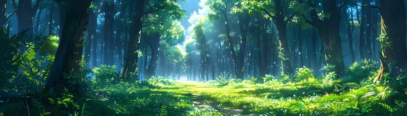 Captivating Woodland Wonderland An Enchanted Anime Inspired Forest Teeming with Mysterious Wildlife - obrazy, fototapety, plakaty