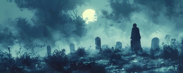 Haunting Midnight Graveyard with Ominous Supernatural Apparitions Emerging from the Misty Shadows - obrazy, fototapety, plakaty