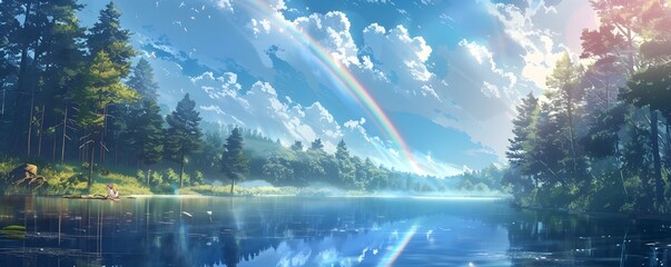 Enchanting Pastel Lake with Mythical Beings and Rainbow Filled Skies