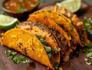 Birria Tacos Consome Dipping Sauce Lime Wedges Beef Food Background Image 