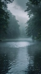 Mystical Fog Shrouded Riverbank in Enchanted Forest Landscape