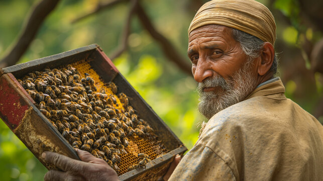 A happy Indian beekeeper, immersed in his work amidst rows of beehives in a bustling apiary, the air alive with the sound of buzzing bees and the scent of honey,