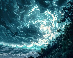 Tumultuous Anime Inspired Seascape with Mythical Sea Creatures and Swirling Tornadoes Showcasing the Raw Power of Nature