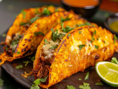 Birria Tacos Consome Dipping Sauce Lime Wedges Beef Food Background Image 