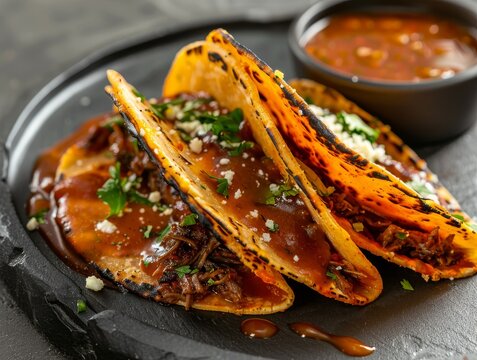 Birria Tacos Consome Dipping Sauce Lime Wedges Beef Food Background Image 