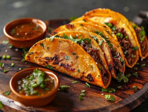 Birria Tacos Consome Dipping Sauce Lime Wedges Beef Food Background Image 