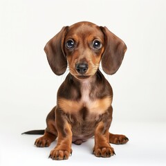 A cute brown dachshund puppy with big expressive eyes sitting against a white background.