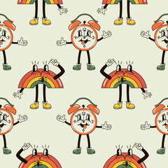 A seamless pattern with funny, cute and smiling alarm clock and rainbow character in a groovy style vector illustration