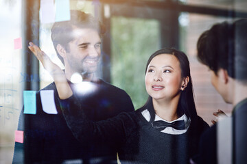 Business people, glass and training notes for planning in office, teamwork and seo idea for...
