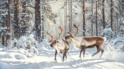 A pair of reindeer playing in a snow-covered forest clearing, th - obrazy, fototapety, plakaty