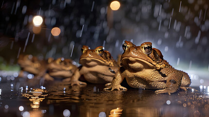 Toad migration. Toads on a country road in rainy night - obrazy, fototapety, plakaty